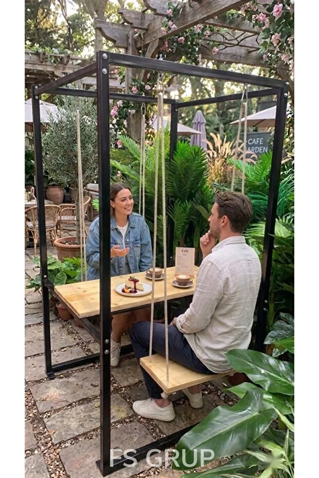 2 Kişilik Salıncaklı Masa Bahçe Balkon Kafe İçin Metal Standlı Ahşap Set
